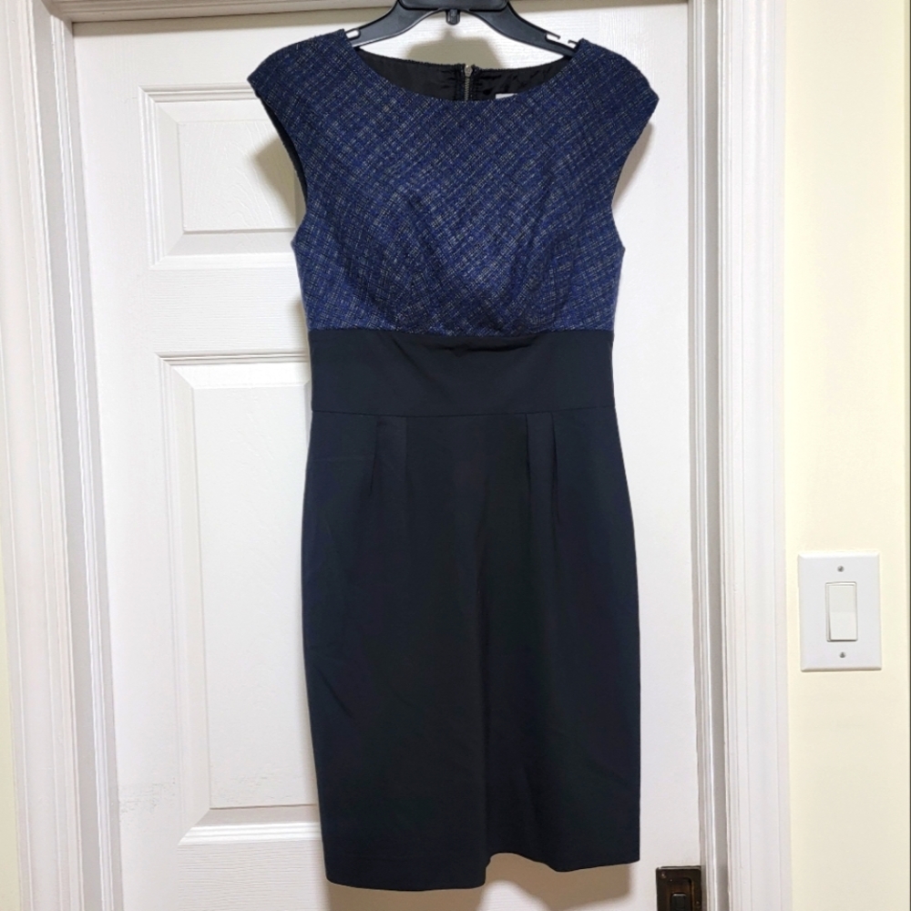 Trina Turk colorblock tweed navy black office work sheath dress sz 6